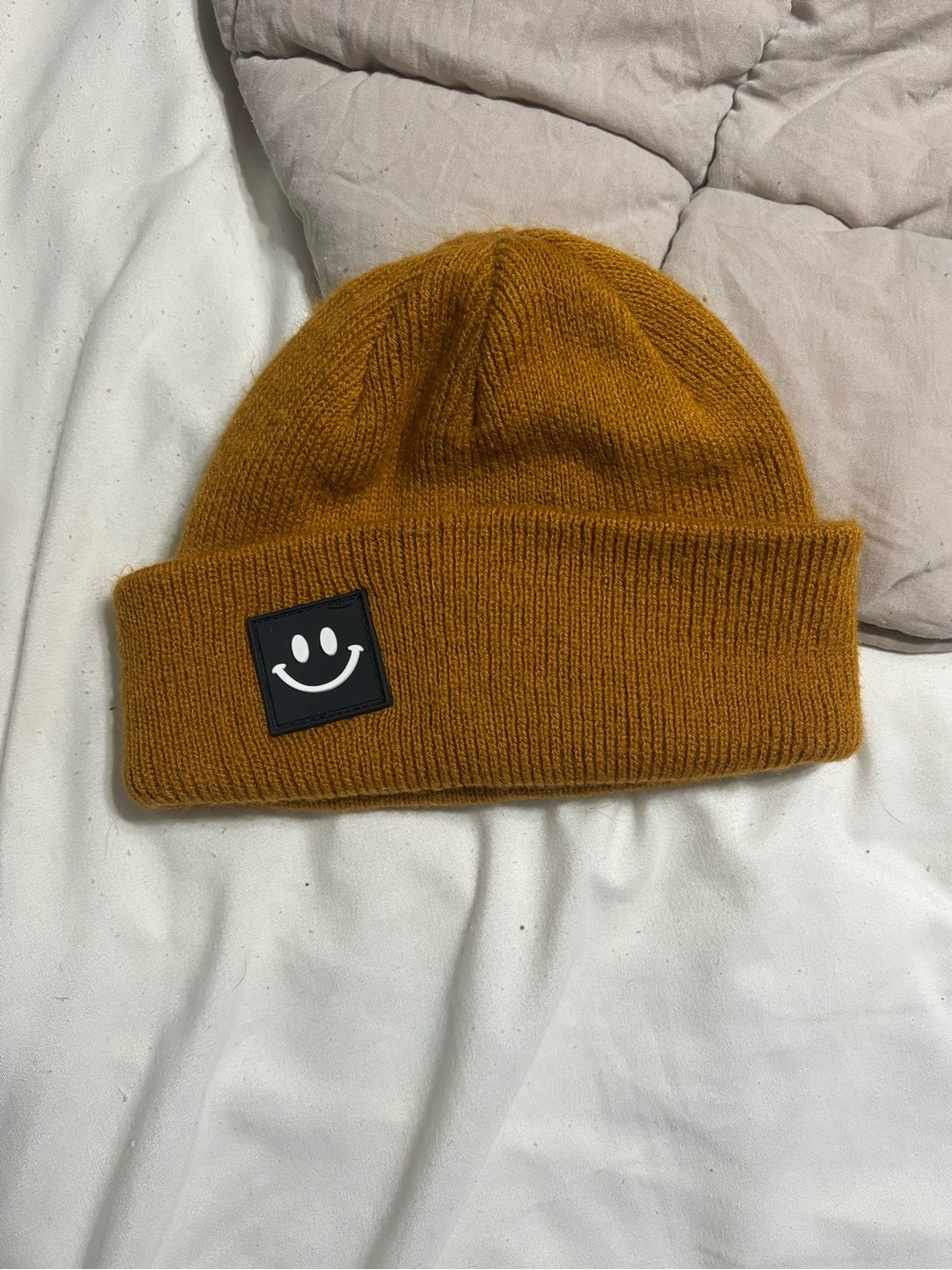 Kids Smiley Patch Knit Beanie - Mustard